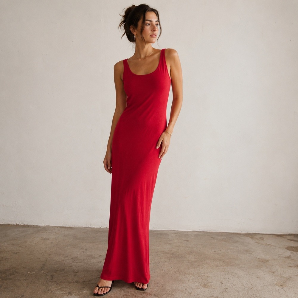 Vintage 90s BCBG Red Maxi Dress Made in USA Minimalist Slip Tank Dress Medium